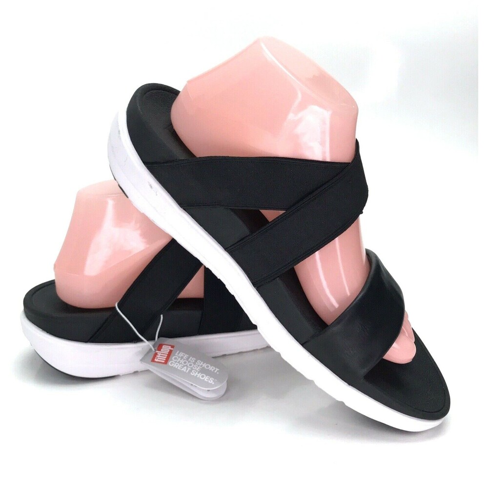 Fit Flop Women's 10 Black Leather Strappy Loosh Crossover Slides Sandal E89-001